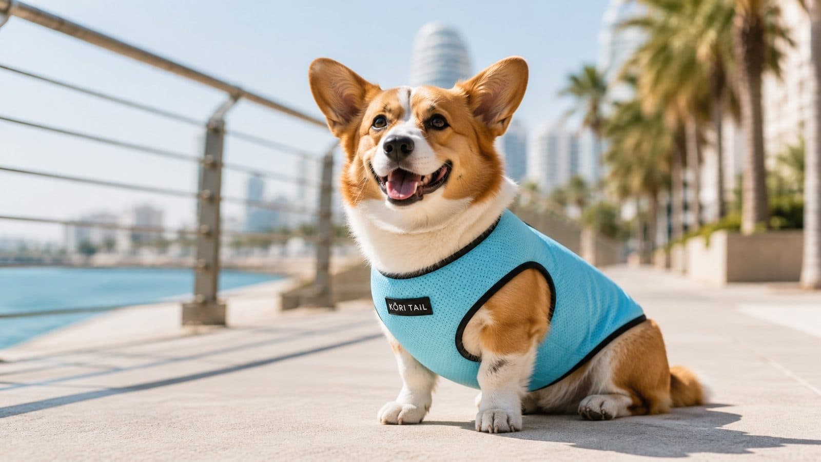 A corgi wearing a light-blue KŌRI TAIL cooling vest on a sunny waterfront promenade