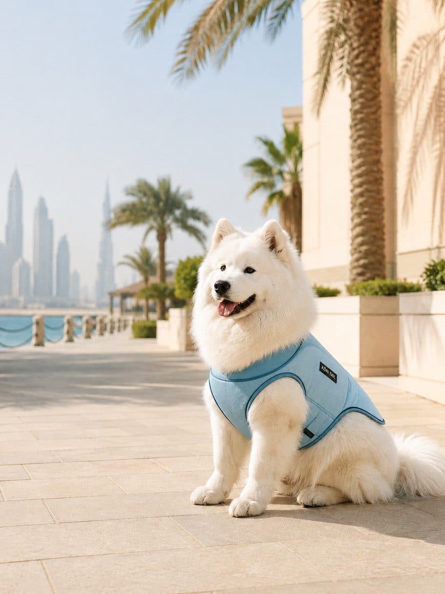 A Samoyed in a light-blue KŌRI TAIL vest sitting on a sunny promenade with the Dubai skyline behind